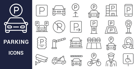 Comprehensive Parking Icons Collection Line Art Graphics for Web and App Design