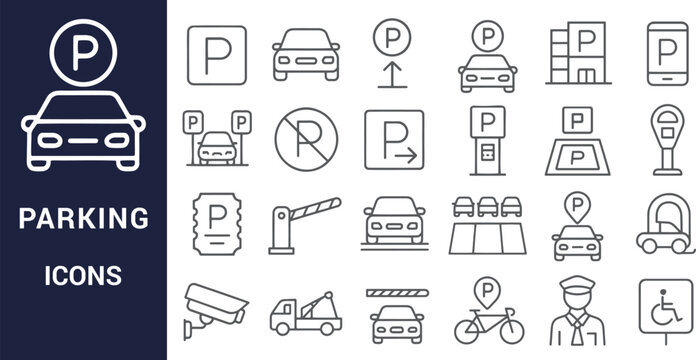 Comprehensive Parking Icons Collection Line Art Graphics for Web and App Design