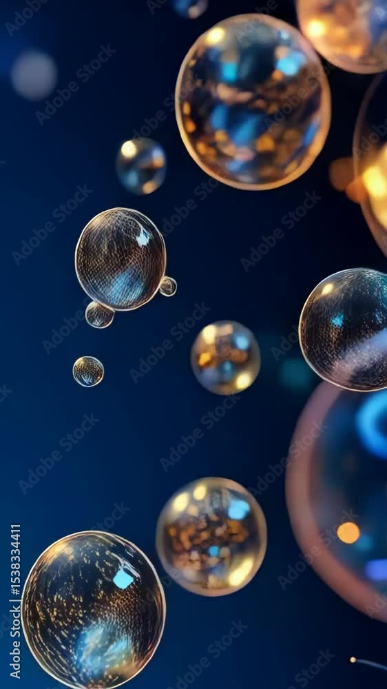 Poster abstract glowing spheres float in a dark space with intricate gold geometric patterns and ethereal t