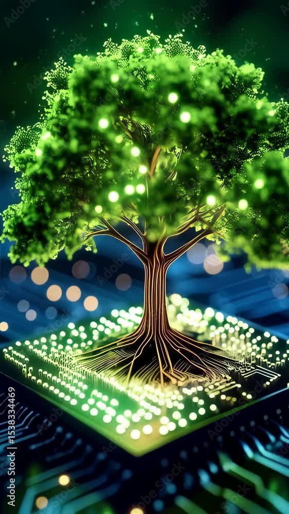 Poster digital green tree with glowing lights rooted on a circuit board with connected lines representing t