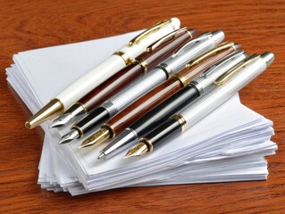 A set of elegant fountain pens and ballpoint pens placed on a neat stack of white paper on a wooden surface.