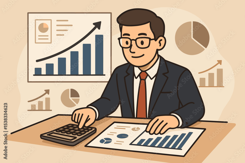 Poster businessman analyzing financial data report. accountant working with calculator and graphs for busin