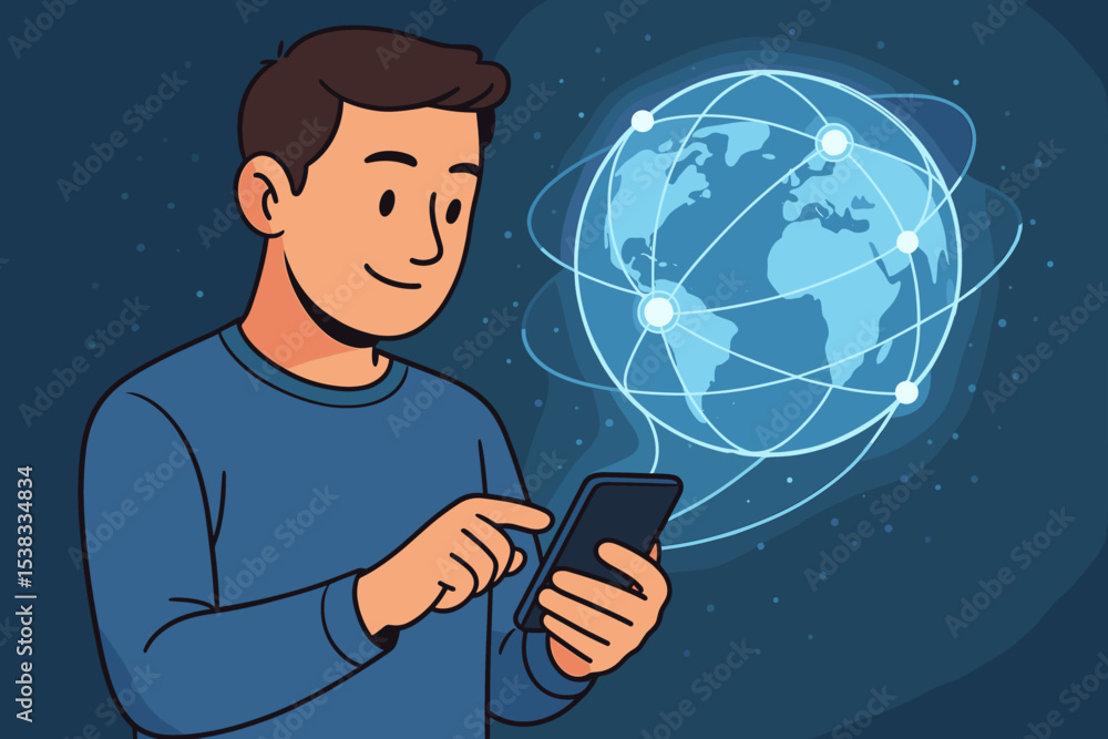 Poster man using smartphone for global connectivity. vector illustration of internet technology, social med