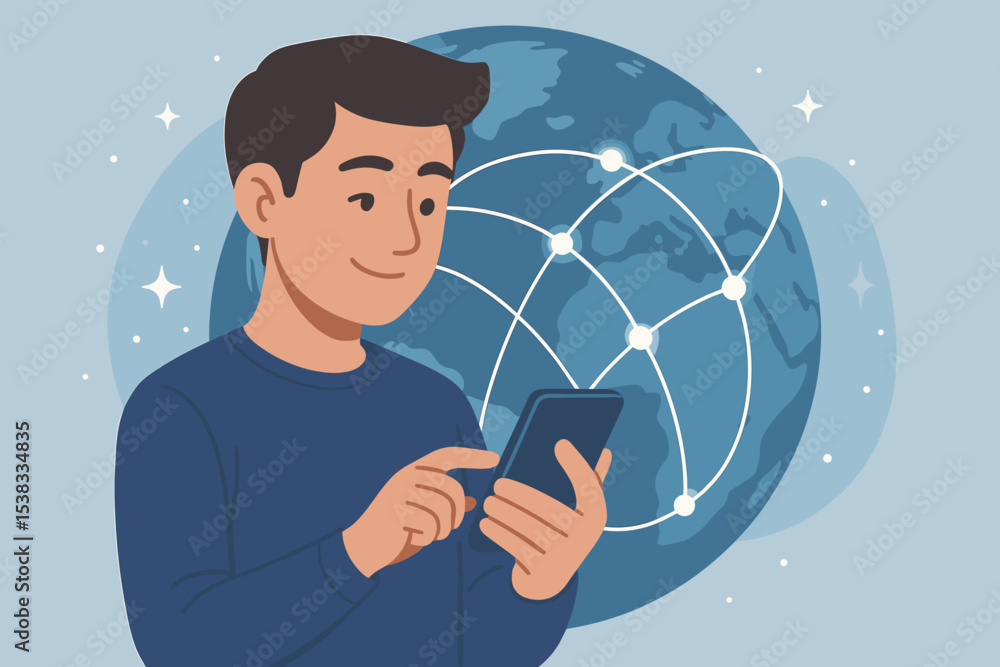 Poster man using smartphone for global communication. concept of internet, worldwide network and technology
