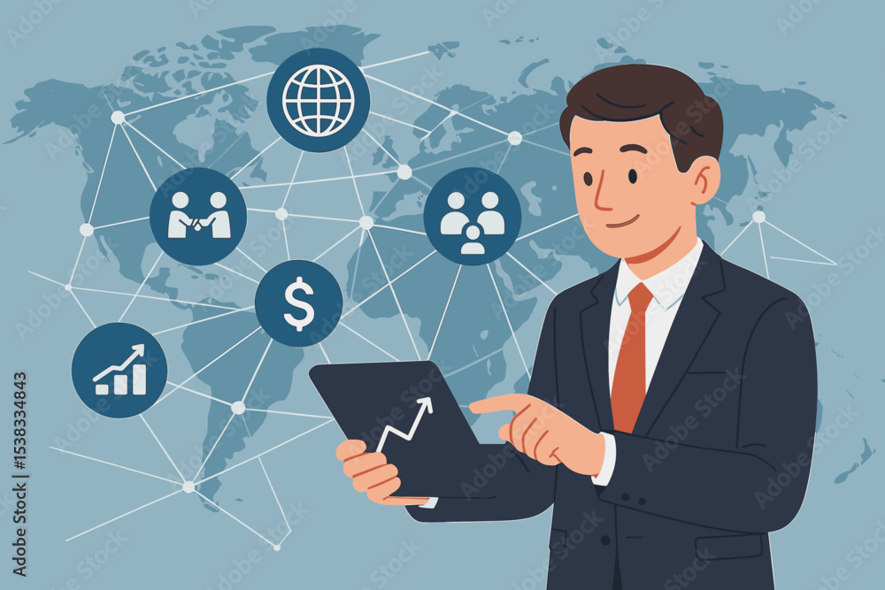 Poster global business networking concept. businessman using tablet for international management and financ