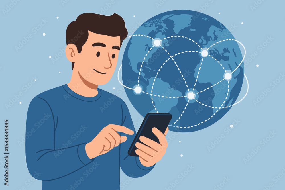 Poster global connectivity concept with man using phone. worldwide communication network. internet technolo