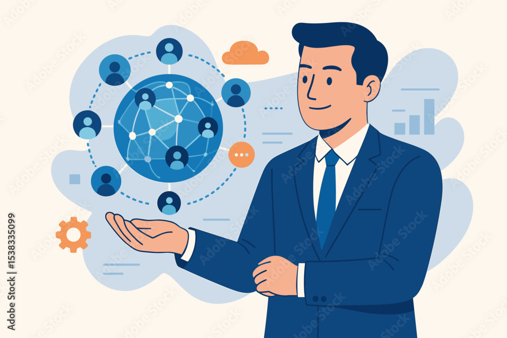 Poster global customer network and crm concept. businessman holding a digital sphere with user connections.