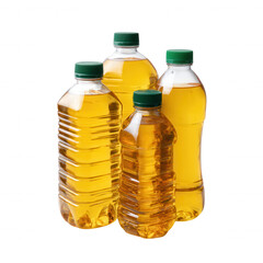 Four plastic bottles of cooking oil with green caps, arranged in a visually appealing manner, isolated on a white background.