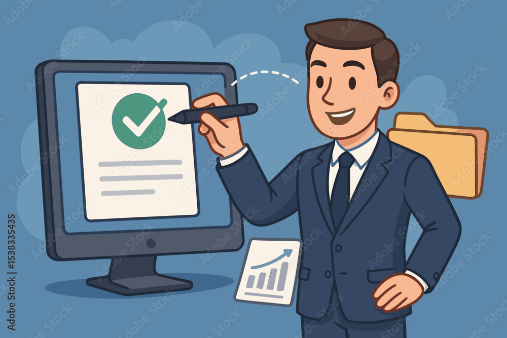 Poster businessman digitally signing a document on computer screen. e-signature concept for approval, valid