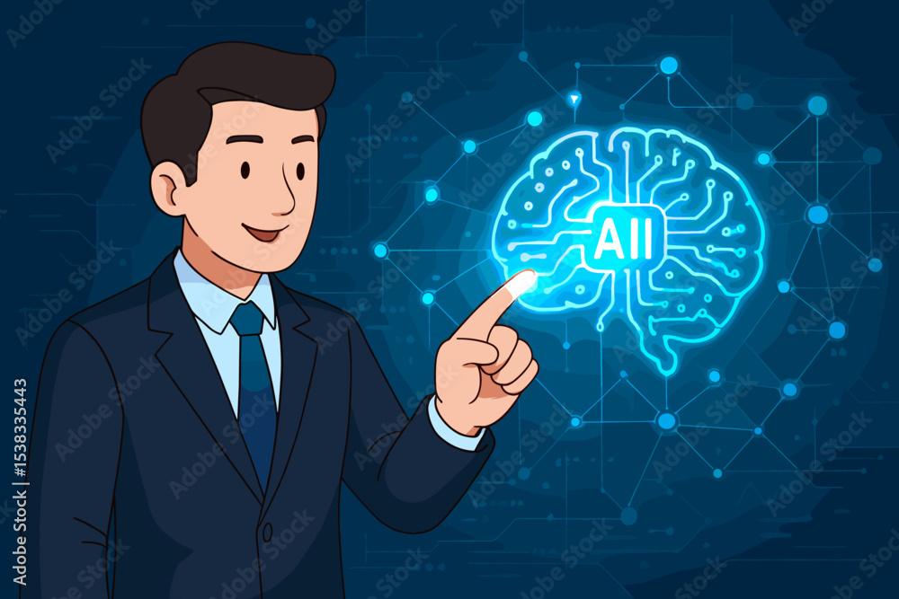 Poster businessman touches glowing ai brain. artificial intelligence, machine learning, and neural network 