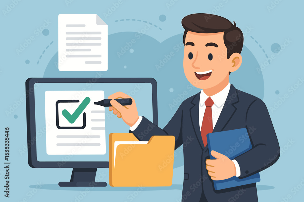 Poster digital approval process concept. businessman character marking a check on an electronic document. e