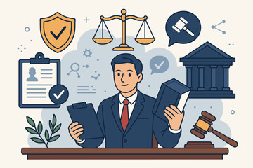 Legal tech vector illustration with lawyer at desk. Concept of law, justice, and legal services. Attorney with compliance documents. Icons of scales, gavel, and courthouse.