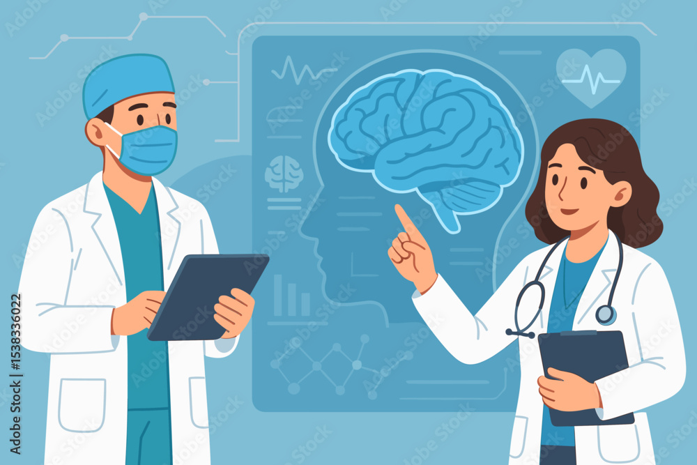 Poster neurologist doctors team discuss brain scan results on digital interface. medical consultation for d