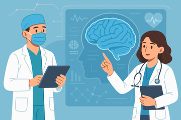 Neurologist doctors team discuss brain scan results on digital interface. Medical consultation for diagnosis, neurology, neuroscience, mental health, and healthcare technology.