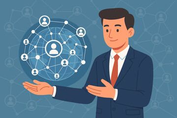 Global customer network concept with businessman presenting. Worldwide business connections and communication technology. Social media marketing, CRM, and international partnership.