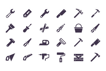 Obraz premium Set of black construction and repair tool icons. vector symbols including hammer, drill, wrench, saw, screwdriver, axe, and toolbox.