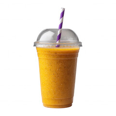 Orange smoothie in a clear plastic cup with a striped straw, ideal for refreshing beverages or healthy meals.