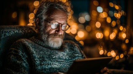 Fototapeta premium Elderly man in warm knitted sweater using a tablet at home in the evening. Cozy atmosphere with glowing fairy lights