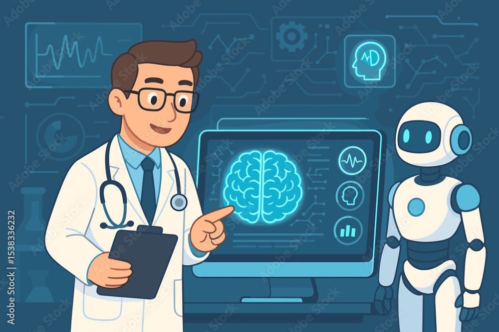 Poster ai powered brain diagnosis with doctor and robot. neurologist analyzes brain scan on computer. futur