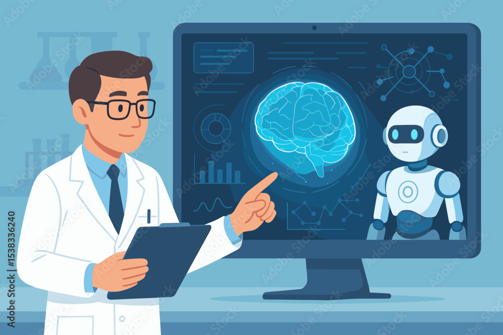 Poster ai in medicine concept. doctor and robot assistant analyze human brain scan on computer screen. neur