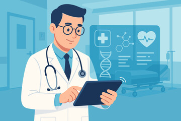 Doctor using digital tablet with futuristic medical interface. Telemedicine and e-health concept. Healthcare professional analyzing patient data, DNA, and cardiogram in hospital.