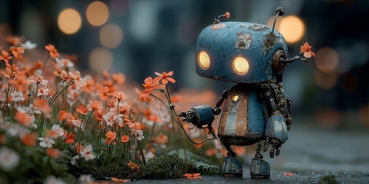 Robot's Serene Sojourn Among Blossoms - Powered by Adobe