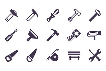 Set of black construction and repair tool icons. vector symbols including hammer, drill, wrench, saw, screwdriver, axe, and toolbox.