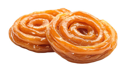 Fototapeta premium Top view of an extremely perfect looking Jalebi in a dark plate isolated on a white transparent background