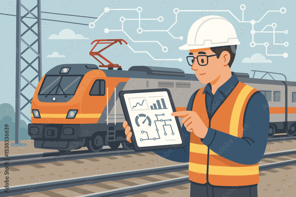 Poster railway engineer with tablet analyzing data for train control system. worker managing logistics and 