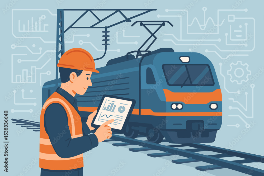 Poster engineer with tablet analyzing data for electric train diagnostics. smart railway transportation con