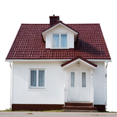 Naklejka premium Small, charming white house with a red tiled roof and inviting entryway. Perfect for architectural design or cozy home visuals.