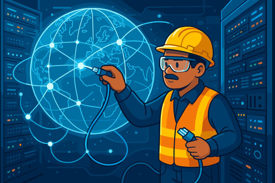 IT technician connecting global network in a server room. Engineer plugging a cable into a futuristic Earth globe. Concept for data center, internet technology and cloud computing.