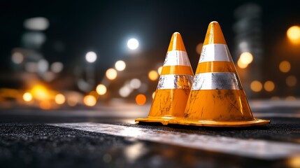 Bright Orange Traffic Cones on Wet Road Surface with Blurred City Lights in Background at Night
