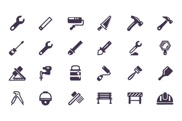 Set of black construction and repair tool icons. vector symbols including hammer, drill, wrench, saw, screwdriver, axe, and toolbox.