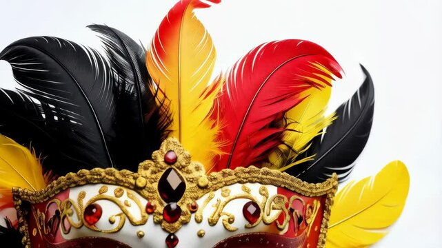 Ornate Venetian style mask with decorative feathers in black, red, and yellow isolated on a white background.