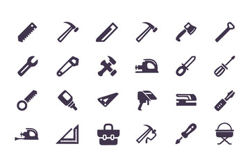 Set of black construction and repair tool icons. vector symbols including hammer, drill, wrench, saw, screwdriver, axe, and toolbox.