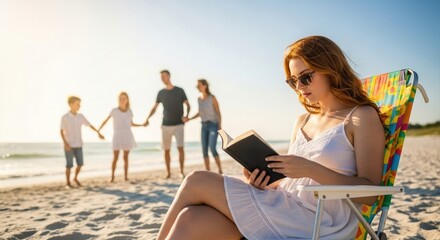 Relaxing Woman Reading Book on Beach with Family in Background During Sunny Day