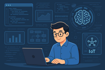 Man programmer working on laptop with futuristic dashboard. Data analysis, AI, and IoT concept. Developer coding, analyzing charts and flowcharts for business intelligence.