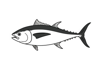 Fototapeta premium Bluefin tuna drawing. It is a black and white outline image of a bluefin tuna, a large and powerful marine fish highly prized for food. Vector sketch line art draw.