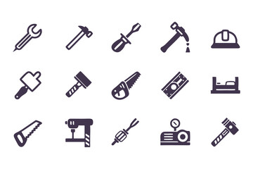 Set of black construction and repair tool icons. vector symbols including hammer, drill, wrench, saw, screwdriver, axe, and toolbox.