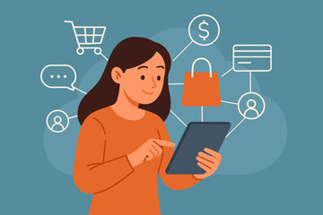 E-commerce and online shopping concept. Woman with tablet navigating the customer journey. Digital commerce flowchart with icons for cart, payment, delivery, and user profile.