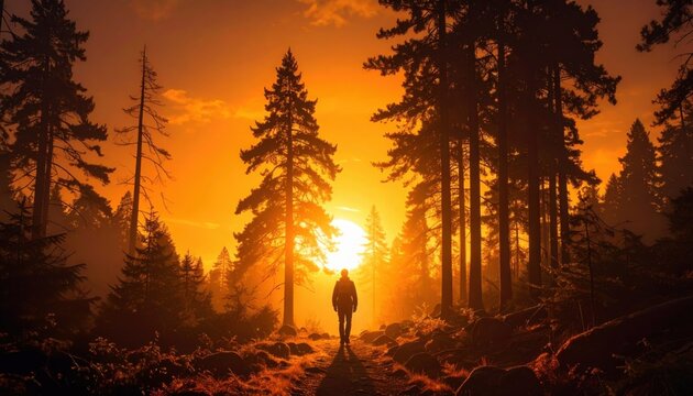 Silhouette of a hiker in a pine forest during a dramatic golden sunset, ideal for adventure, personal growth or travel inspiration in Northern Europe or Canada