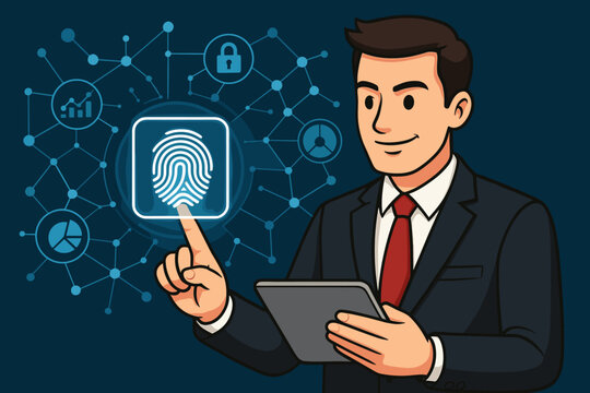 Biometric authentication concept with businessman using fingerprint scanner for secure login. Digital security, data protection, cybersecurity, privacy, and network access control.