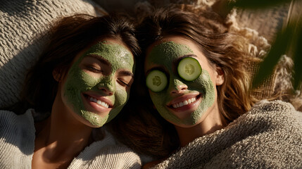 Smiling Women with Green Face Masks and Cucumbers