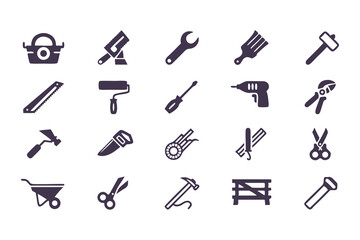 Set of black construction and repair tool icons. vector symbols including hammer, drill, wrench, saw, screwdriver, axe, and toolbox.