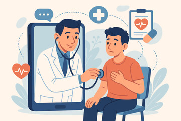 Telemedicine concept with online doctor examining patient through smartphone. Virtual health consultation, remote medical service, and digital healthcare flat vector illustration.