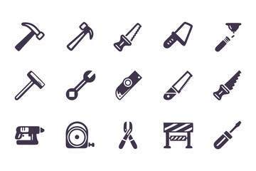 Set of black construction and repair tool icons. vector symbols including hammer, drill, wrench, saw, screwdriver, axe, and toolbox.