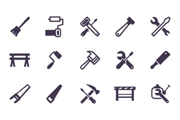 Set of black construction and repair tool icons. vector symbols including hammer, drill, wrench, saw, screwdriver, axe, and toolbox.
