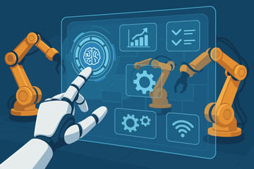 Robot hand controlling industrial robotic arms via futuristic interface. Artificial intelligence in manufacturing. Smart factory automation, Industry 4.0 concept vector illustration.