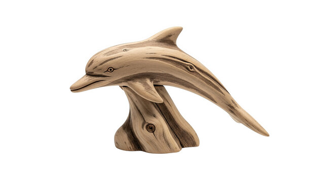 Wooden dolphin figurine captures a sense of coastal charm and nautical beauty, crafted by hand.
